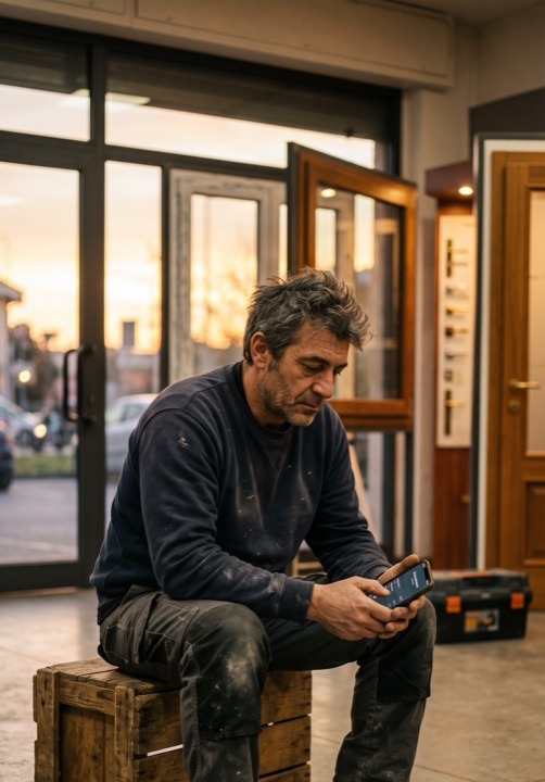 Un serramentista seduto su una cassa in showroom, a fine giornata, guarda il telefono con aria stanca