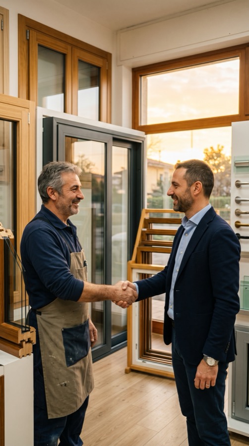 Stretta di mano fra un serramentista e un consulente Project Consulting, in showroom